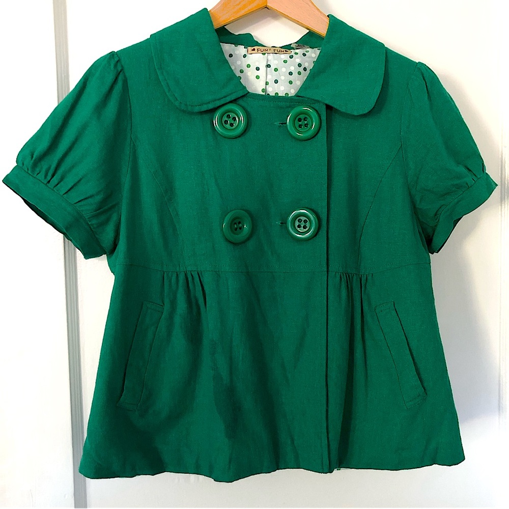 Fun 2 Fun Retro Kelly Green Swing Cropped Jacket sz S cotton/linen pockets lined